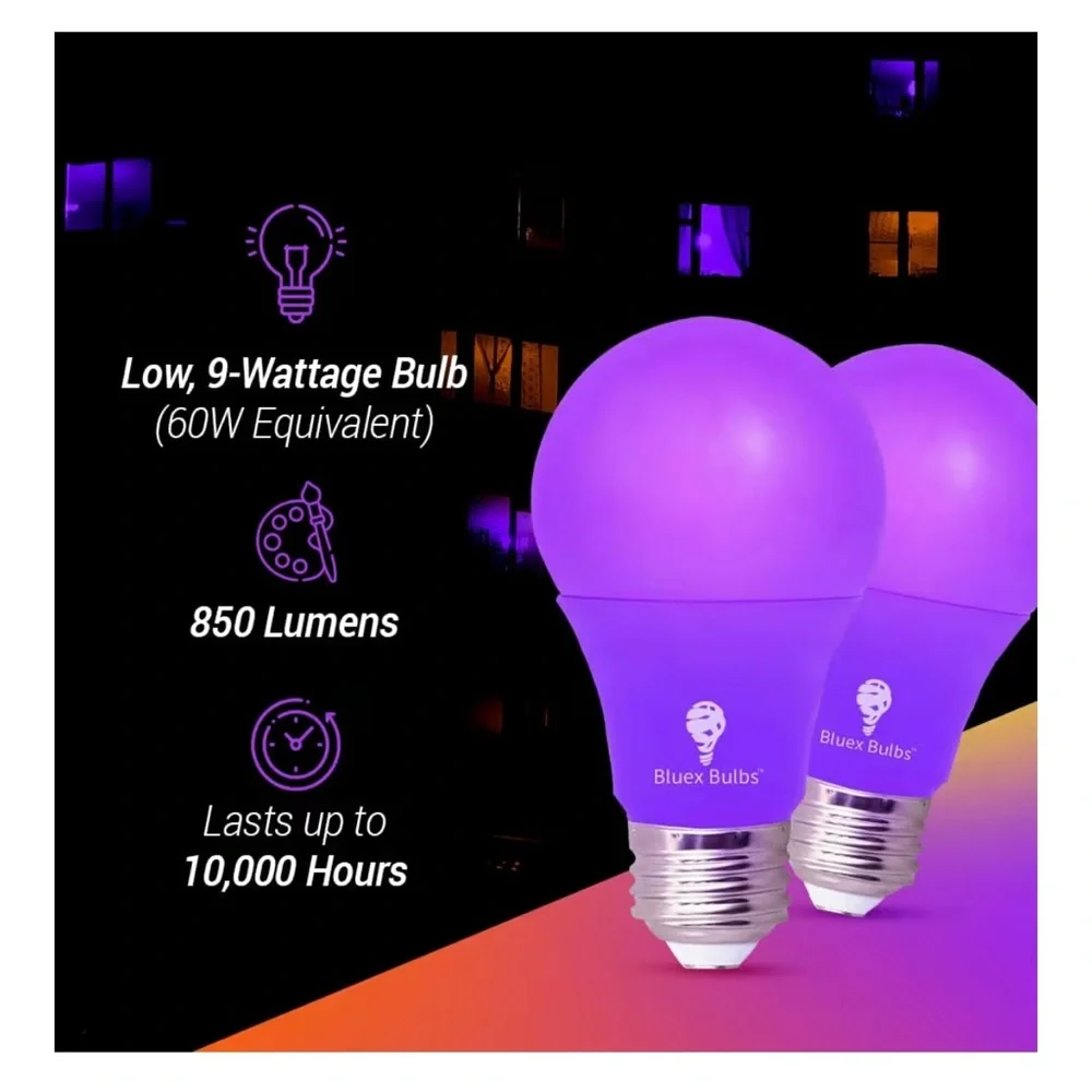 2 Pack of Purple LED Bulex Light Bulbs Perfect for Halloween or Party Lighting.